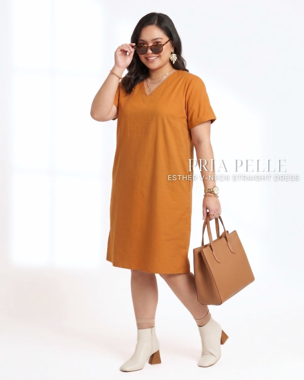 Pria Pelle Esther V-Neck Straight Dress | Cotton Blend Caramel Rust - Non Stretch