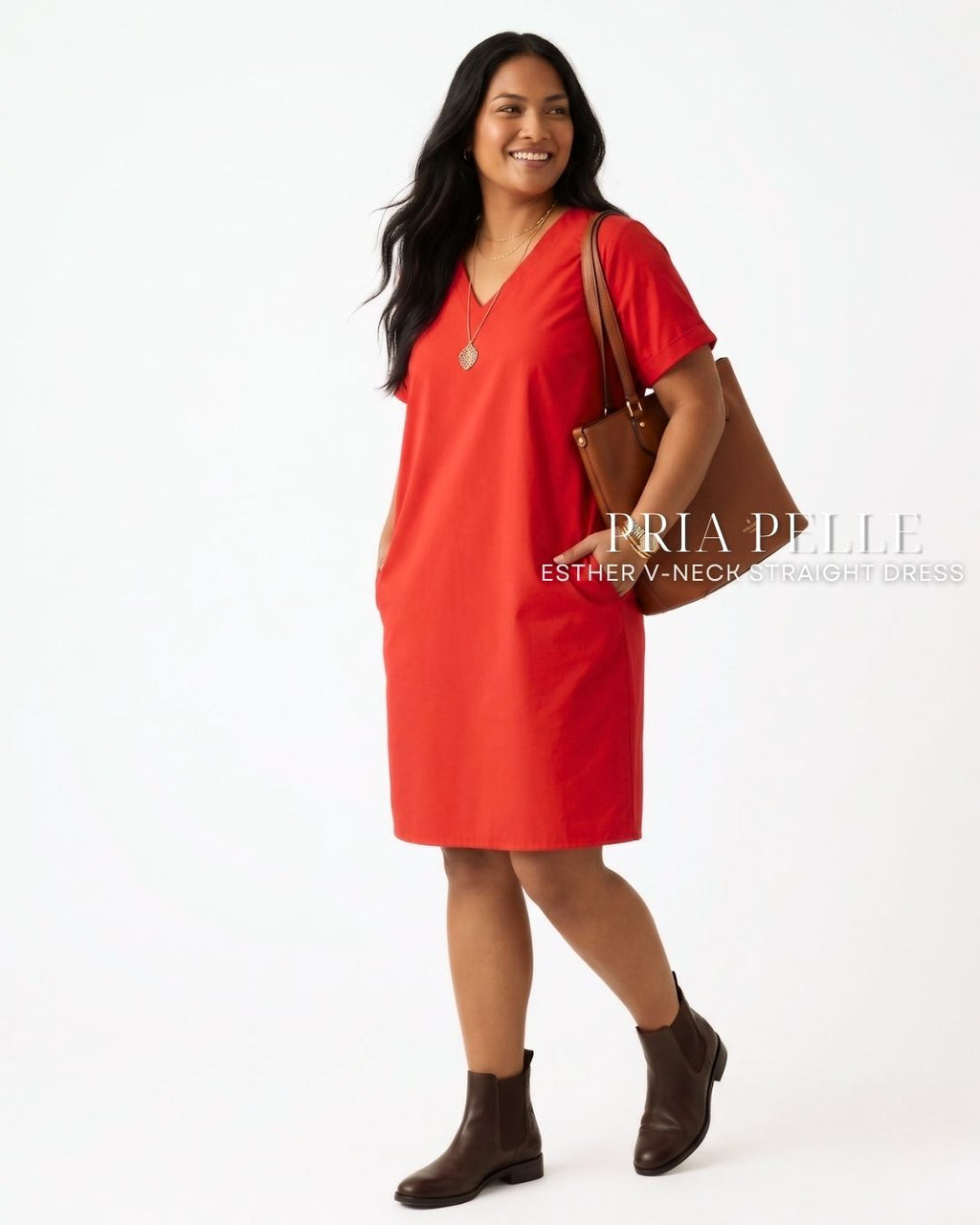 Pria Pelle Esther V-Neck Straight Dress | Cotton Blend Fire Brick Red - Non Stretch