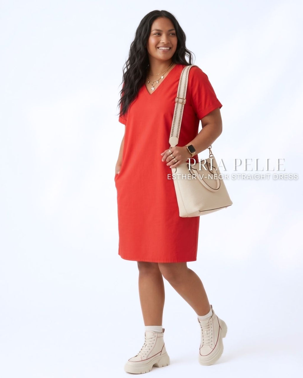 Pria Pelle Esther V-Neck Straight Dress | Cotton Blend Fire Brick Red - Non Stretch