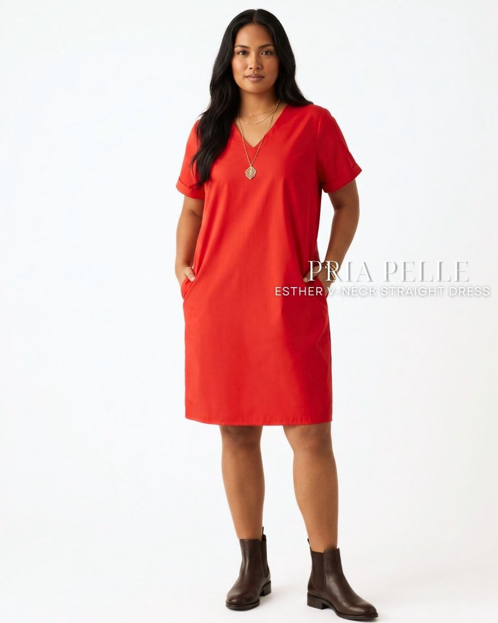 Pria Pelle Esther V-Neck Straight Dress | Cotton Blend Fire Brick Red - Non Stretch