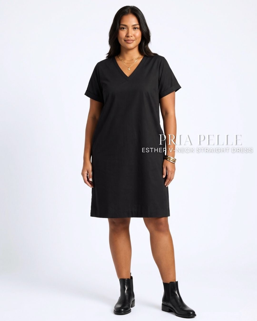 Pria Pelle Esther V-Neck Straight Dress | Cotton Blend Black - Non Stretch