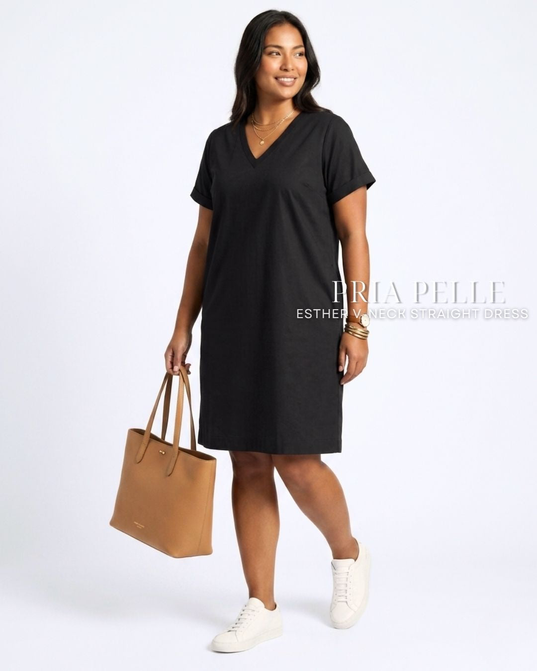 Pria Pelle Esther V-Neck Straight Dress | Cotton Blend Black - Non Stretch