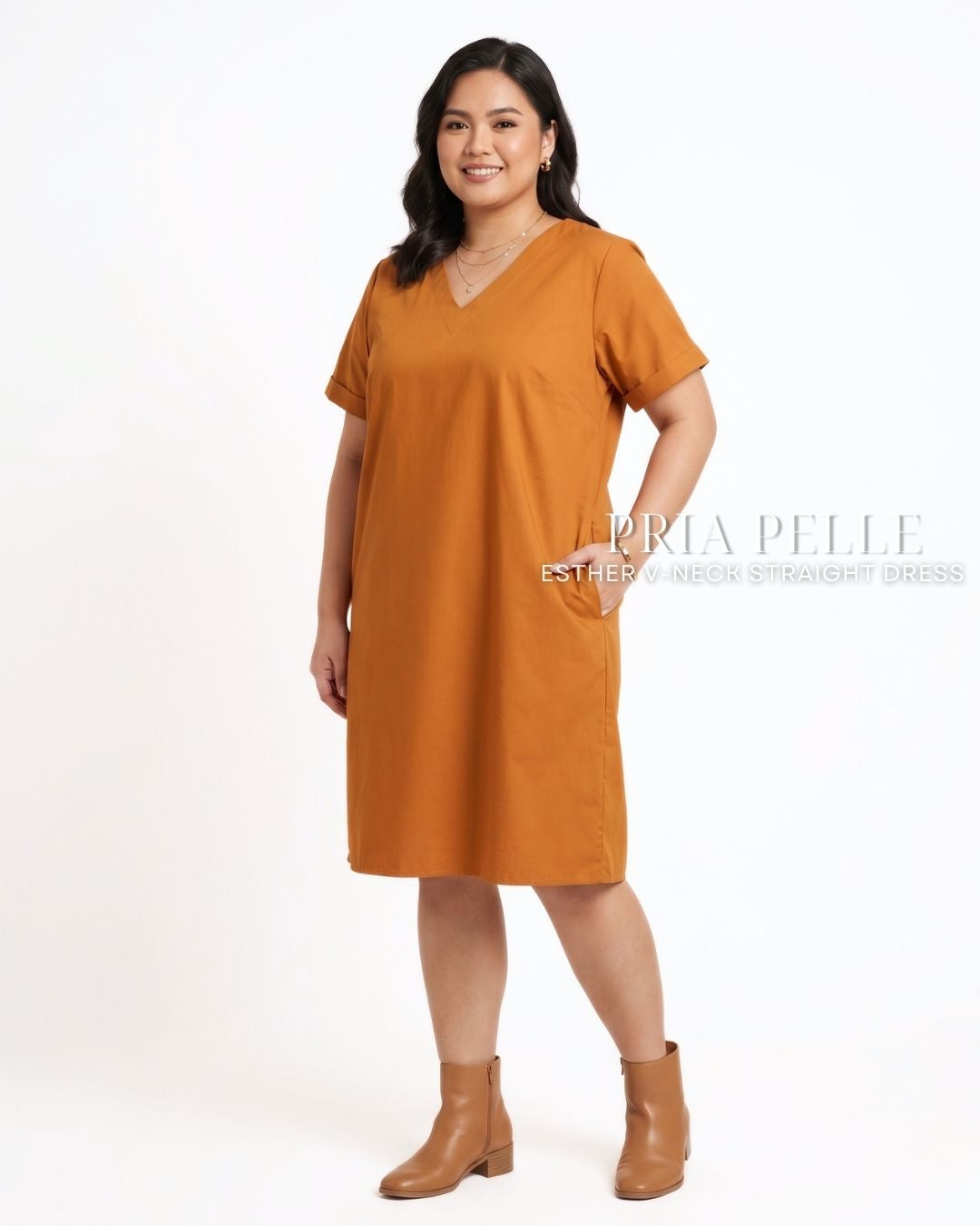 Pria Pelle Esther V-Neck Straight Dress | Cotton Blend Caramel Rust - Non Stretch
