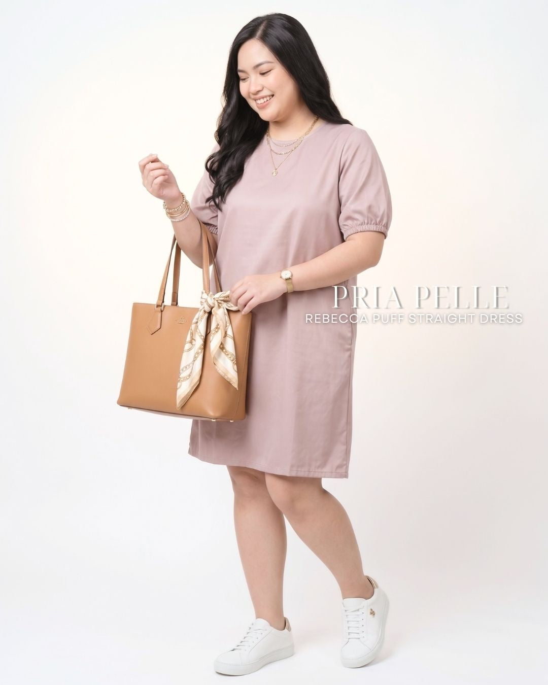 Pria Pelle Rebecca Puff Straight Dress | Cotton Blend Pale Mauve - Non Stretch