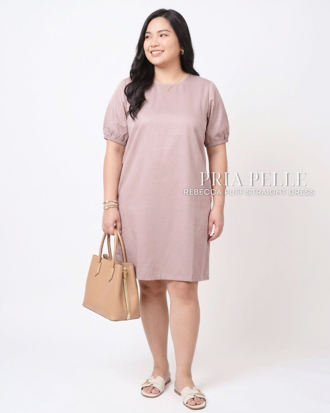 Pria Pelle Rebecca Puff Straight Dress | Cotton Blend Pale Mauve - Non Stretch