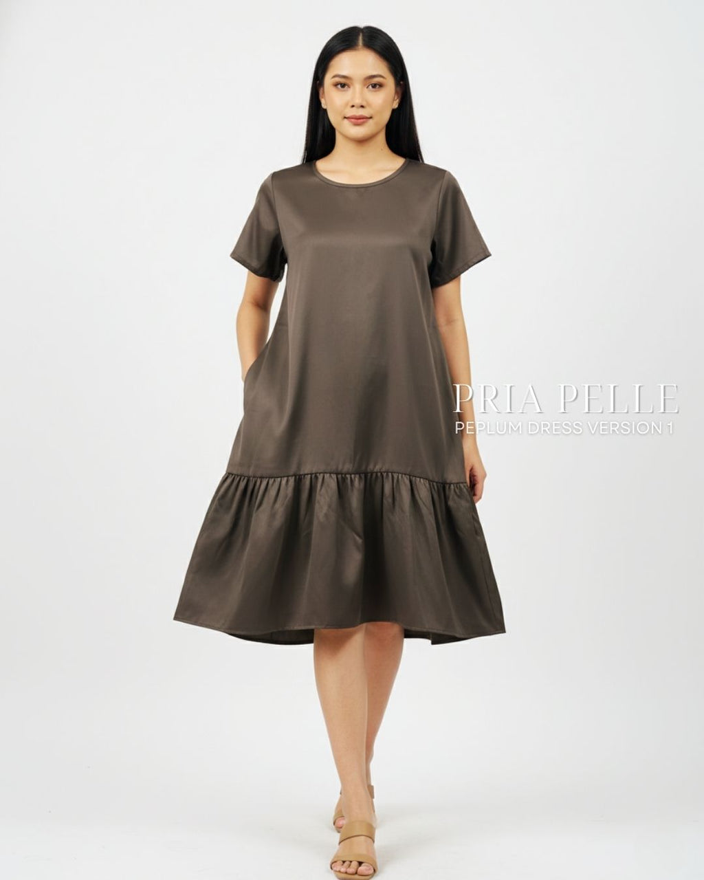 Pria Pelle Peplum Dress Version 1 | Thicker Cotton Satin Dune Dark Brown - Non Stretch