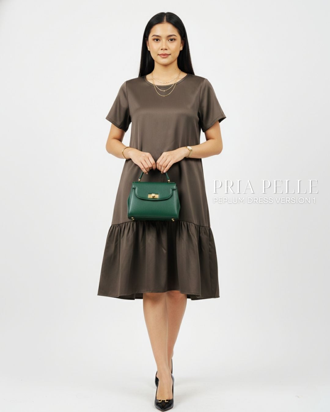 Pria Pelle Peplum Dress Version 1 | Thicker Cotton Satin Dune Dark Brown - Non Stretch