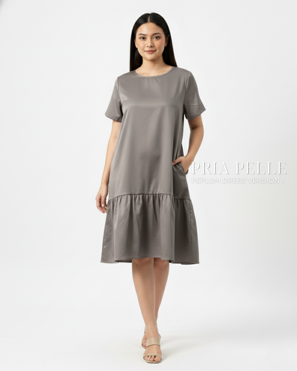 Pria Pelle Peplum Dress Version 1 | Thicker Cotton Satin Friar Gray - Non Stretch