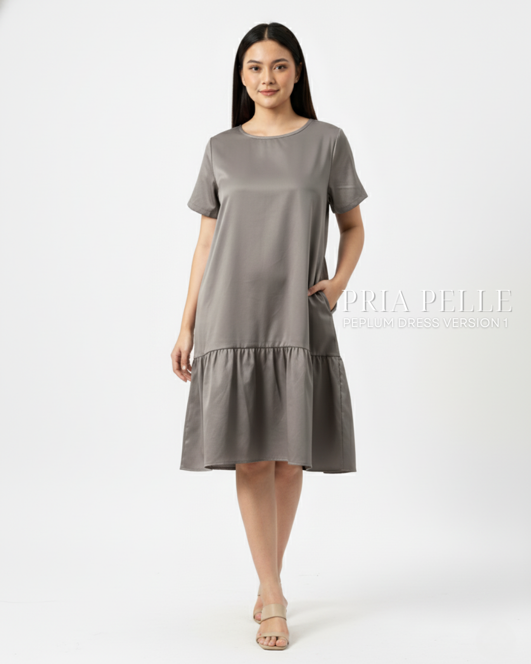 Pria Pelle Peplum Dress Version 1 | Thicker Cotton Satin Friar Gray - Non Stretch