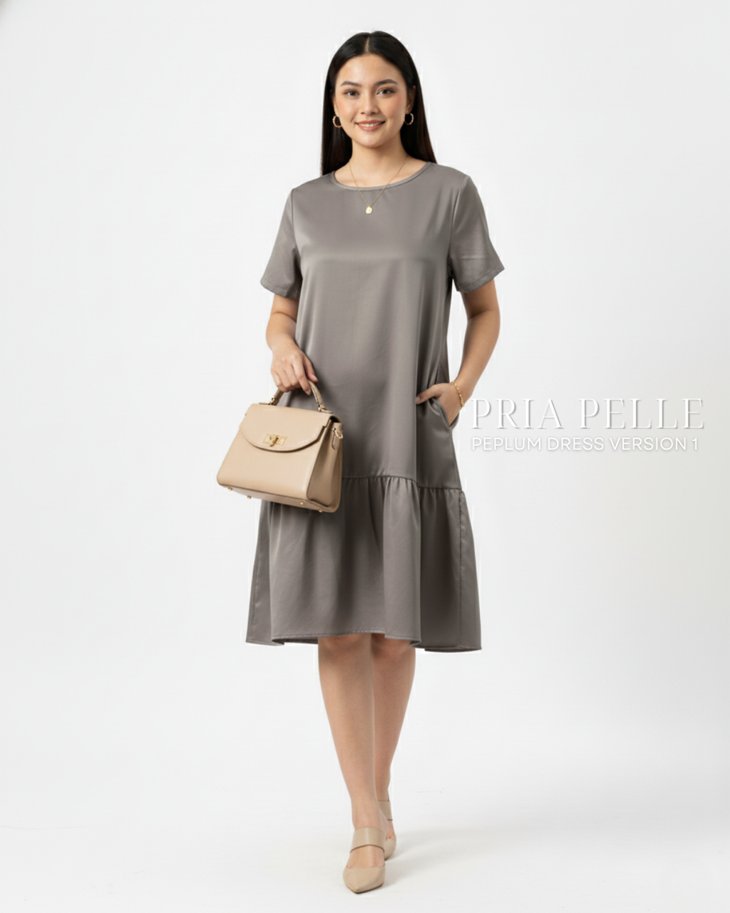 Pria Pelle Peplum Dress Version 1 | Thicker Cotton Satin Friar Gray - Non Stretch