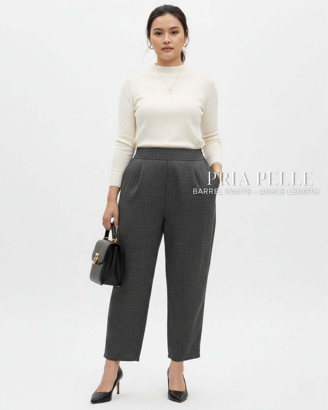 Pria Pelle Barrel Pants | Ankle Length - Cotton Blend Plaid Charcoal Gray | Non Stretch