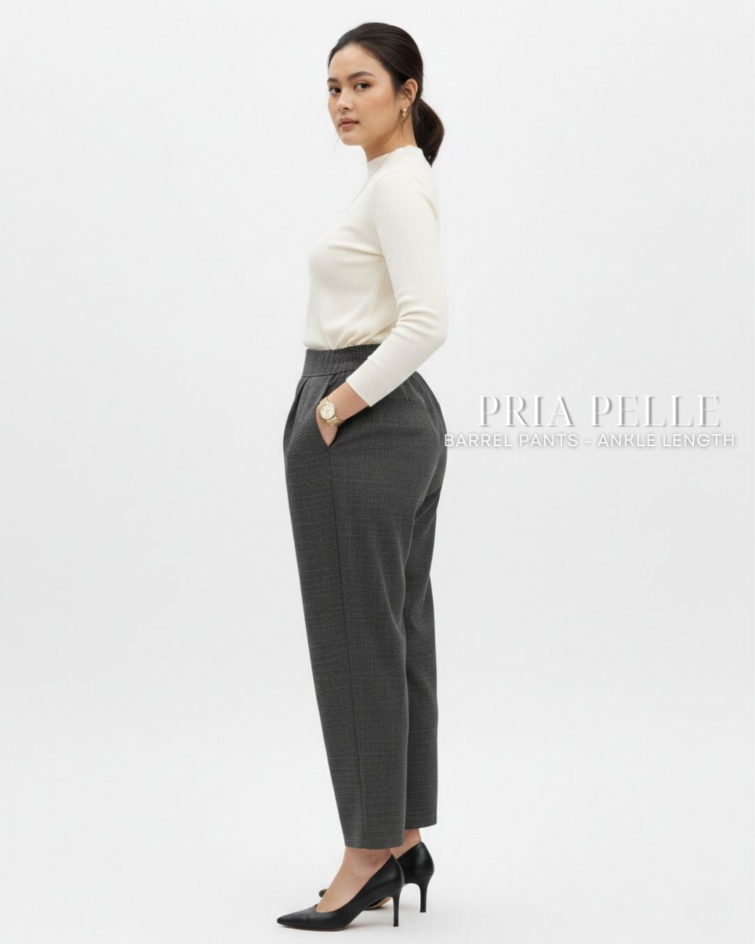 Pria Pelle Barrel Pants | Ankle Length - Cotton Blend Plaid Charcoal Gray | Non Stretch