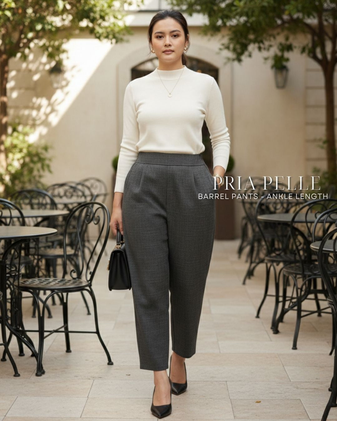 Pria Pelle Barrel Pants | Ankle Length - Cotton Blend Plaid Charcoal Gray | Non Stretch