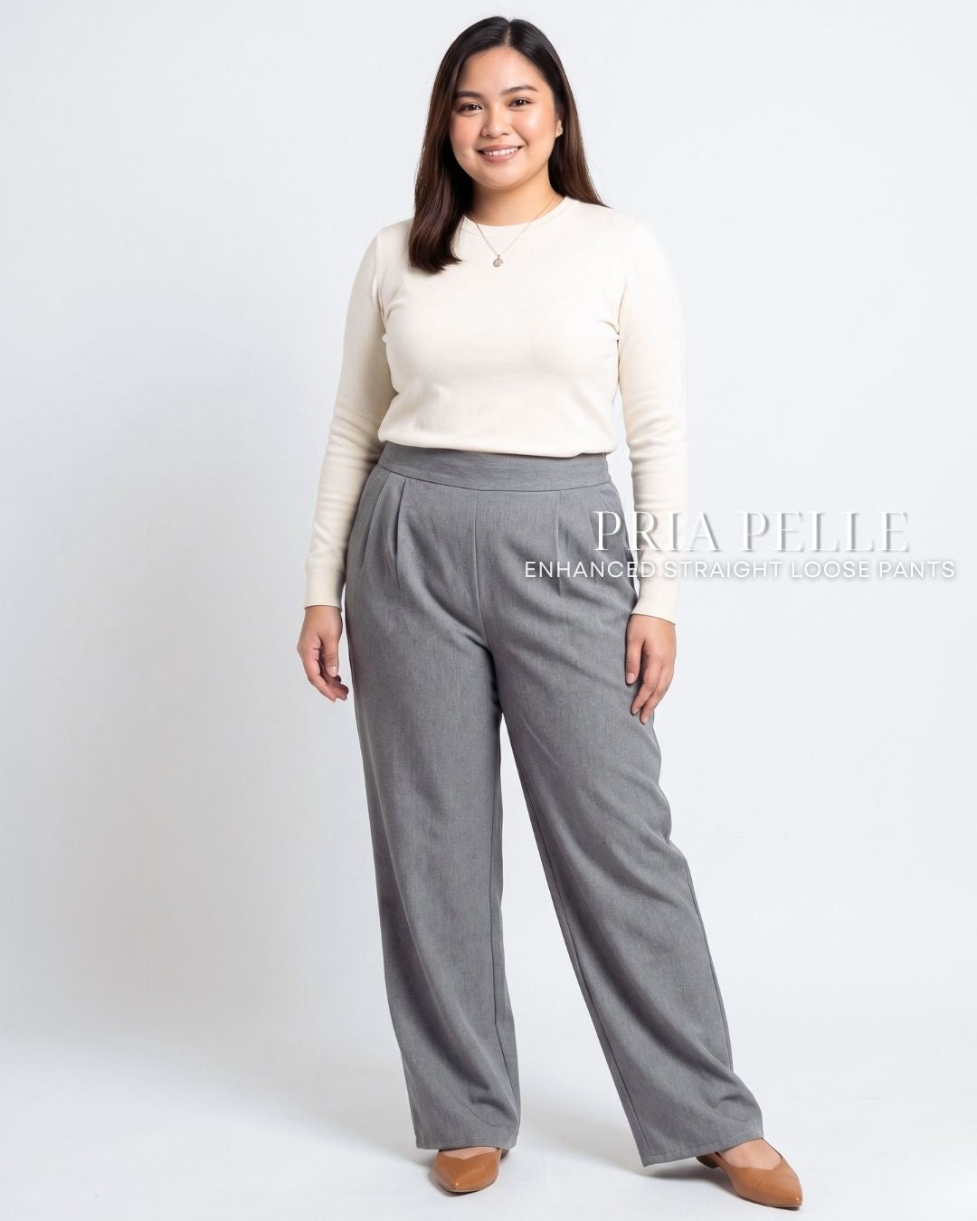 Pria Pelle Straight Loose Pleated Pants | Back Garter - Poly Cotton Blend Gray | Non Stretch