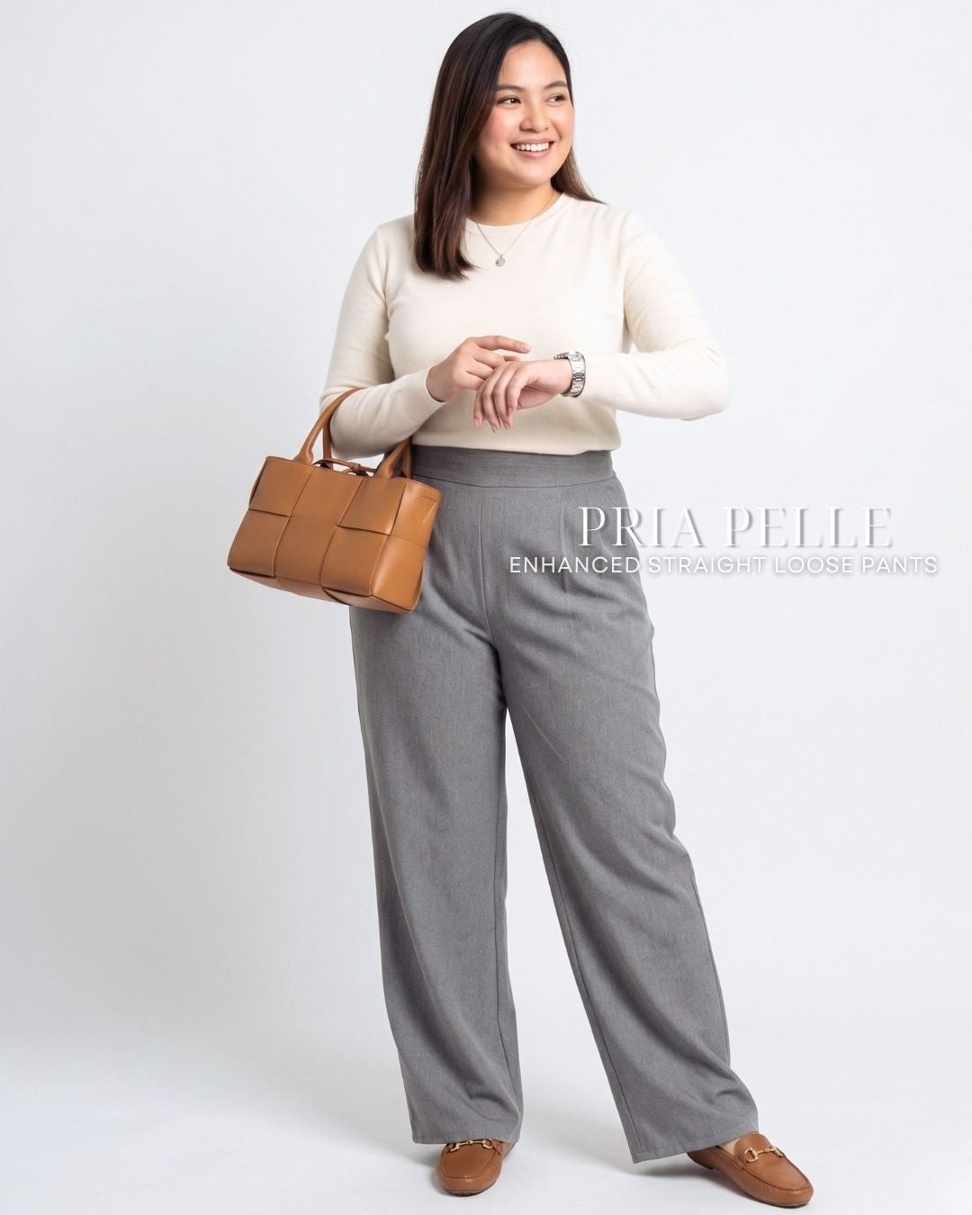 Pria Pelle Straight Loose Pleated Pants | Back Garter - Poly Cotton Blend Gray | Non Stretch