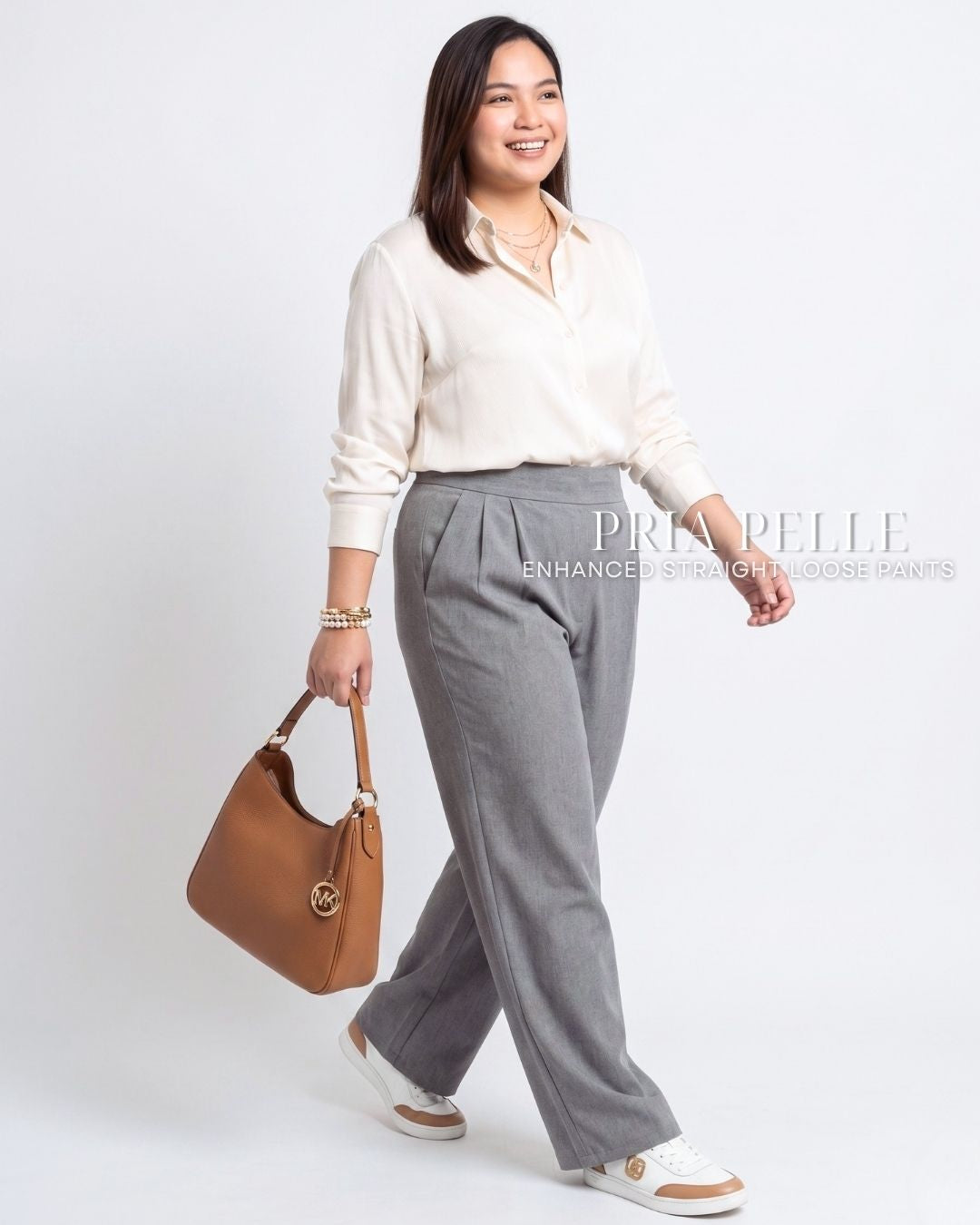 Pria Pelle Straight Loose Pleated Pants | Back Garter - Poly Cotton Blend Gray | Non Stretch