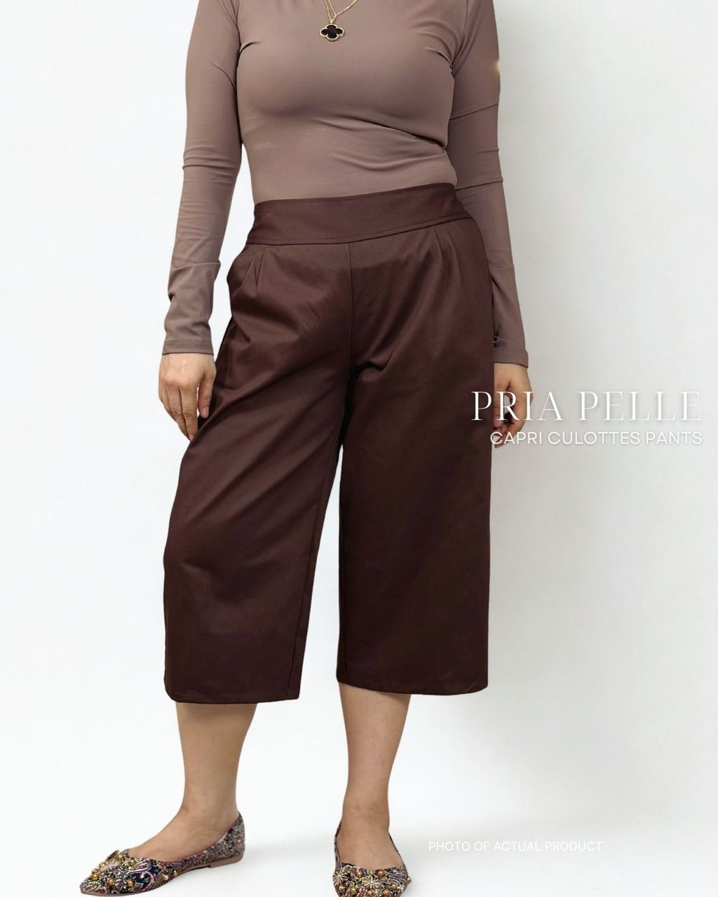 Pria Pelle Capri Culottes Pants | Back garter - Cotton Twill Chocolate Brown