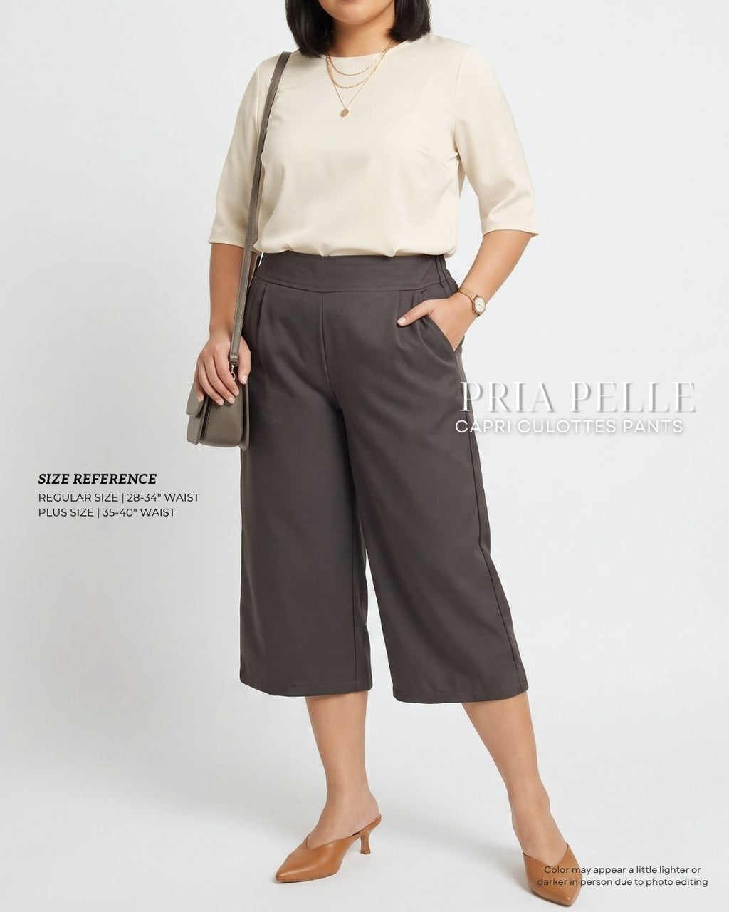 Pria Pelle Capri Culottes Pants | Back garter - Cotton Twill Taupe Gray | Non Stretch
