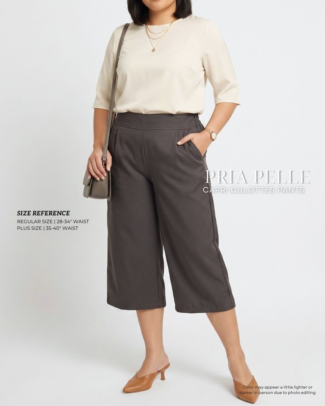 Pria Pelle Capri Culottes Pants | Back garter - Cotton Twill Taupe Gray | Non Stretch
