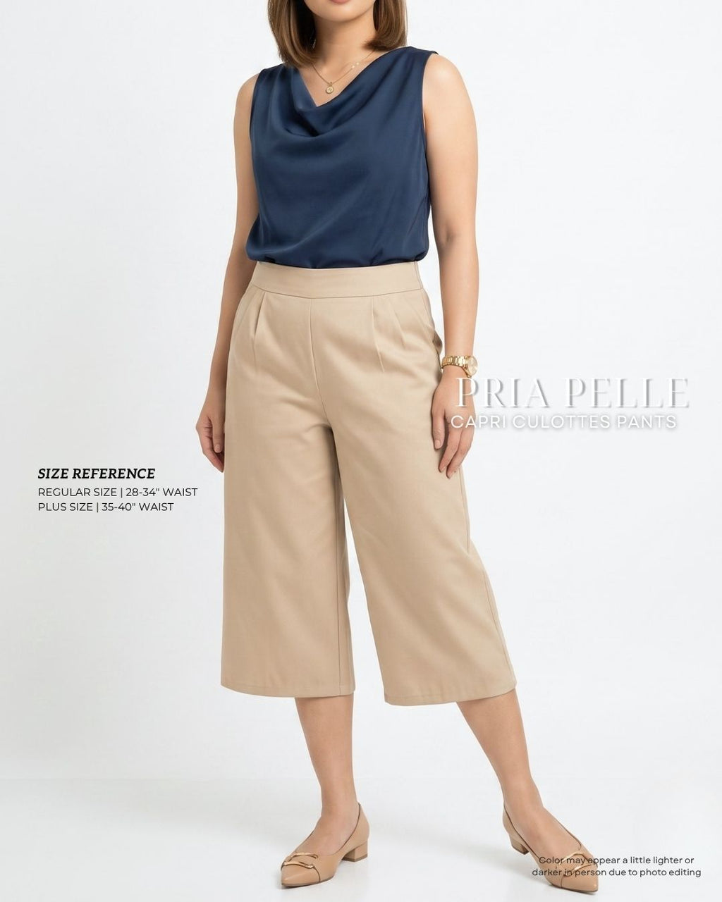 Pria Pelle Capri Culottes Pants | Back garter - Cotton Twill Champagne | Non Stretch