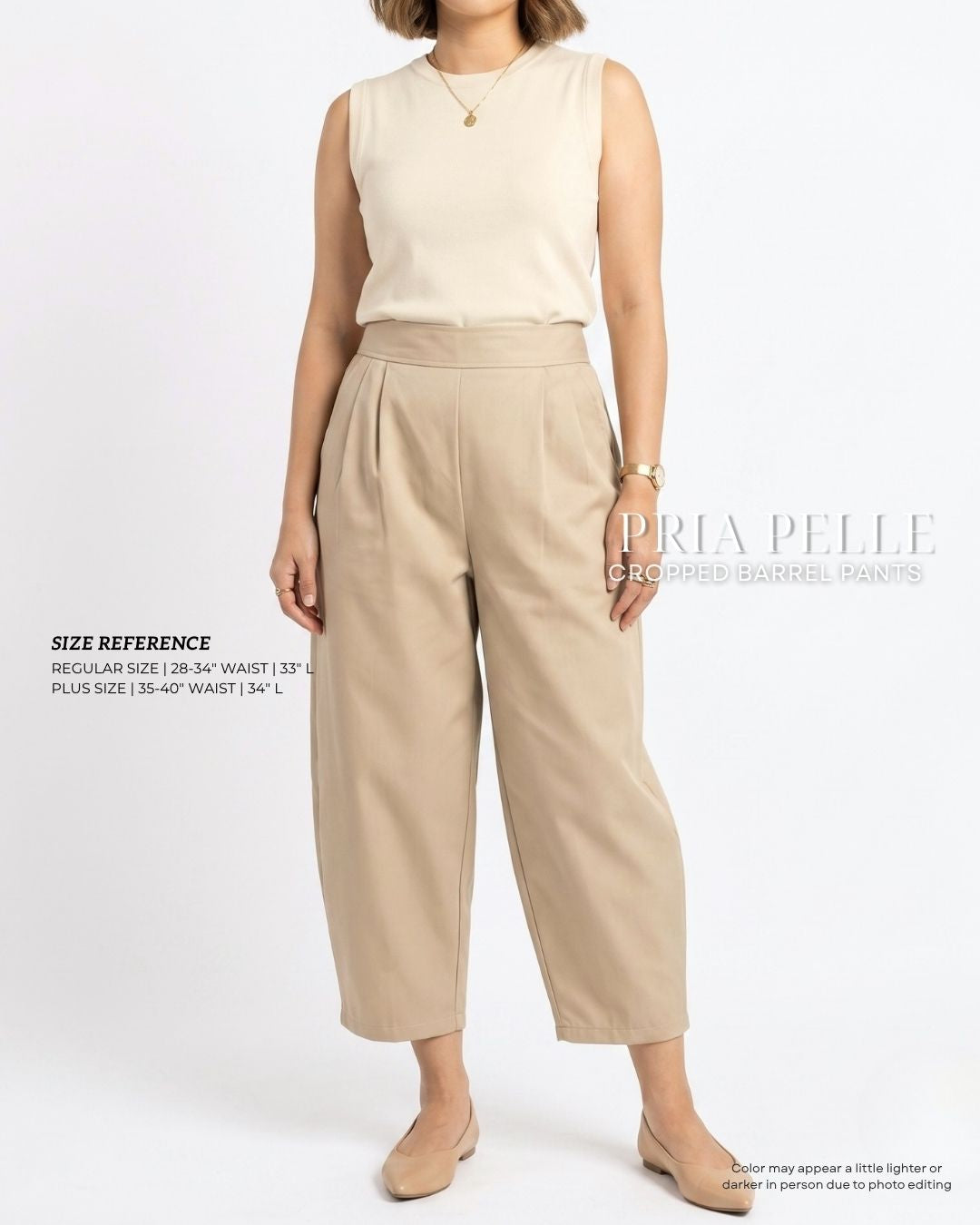 Pria Pelle Cropped Barrel Pants | Back Garter - Cotton Twill Champagne | Non Stretch
