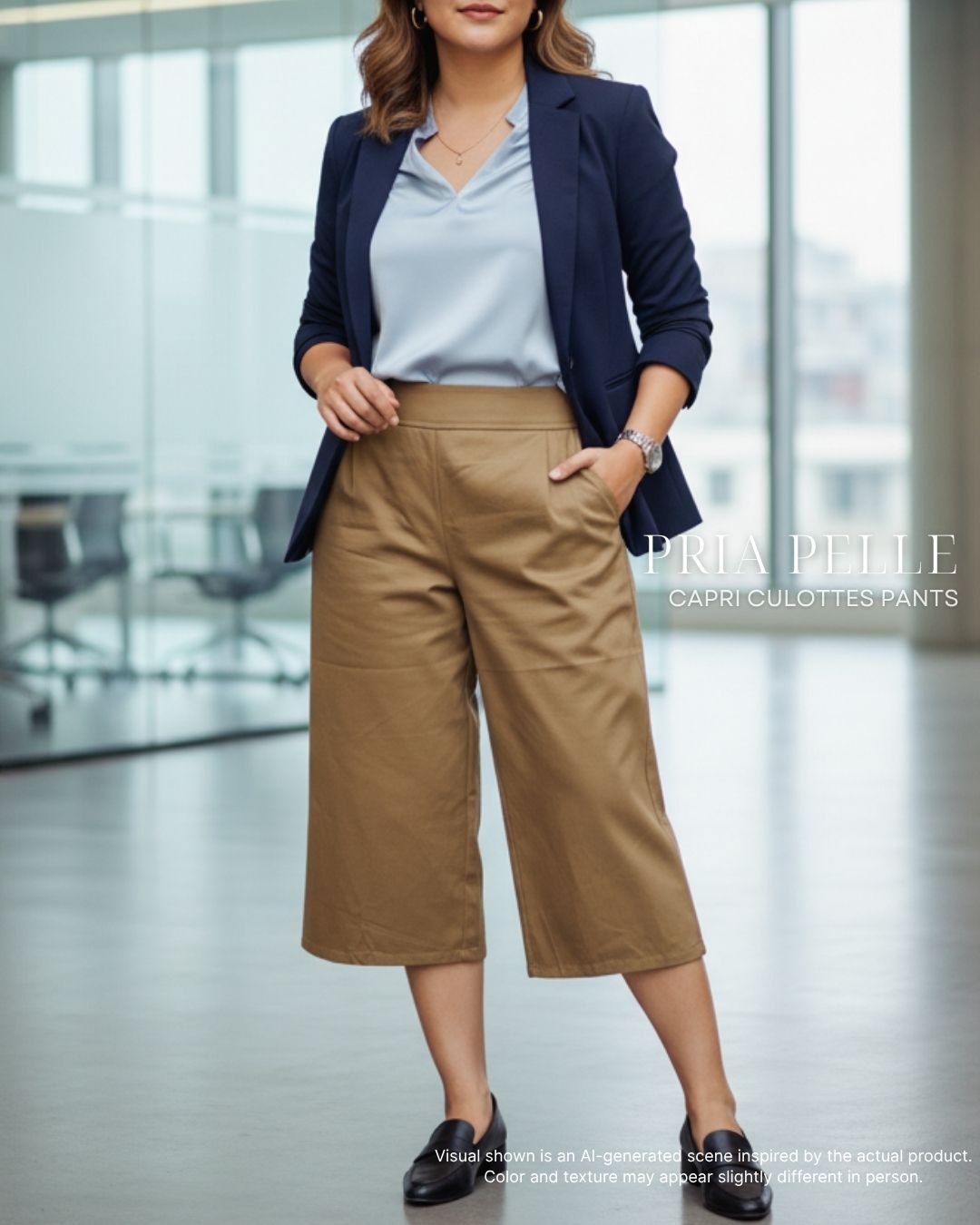 Pria Pelle Capri Culottes Pants | Back garter - Cotton Twill Khaki Brown