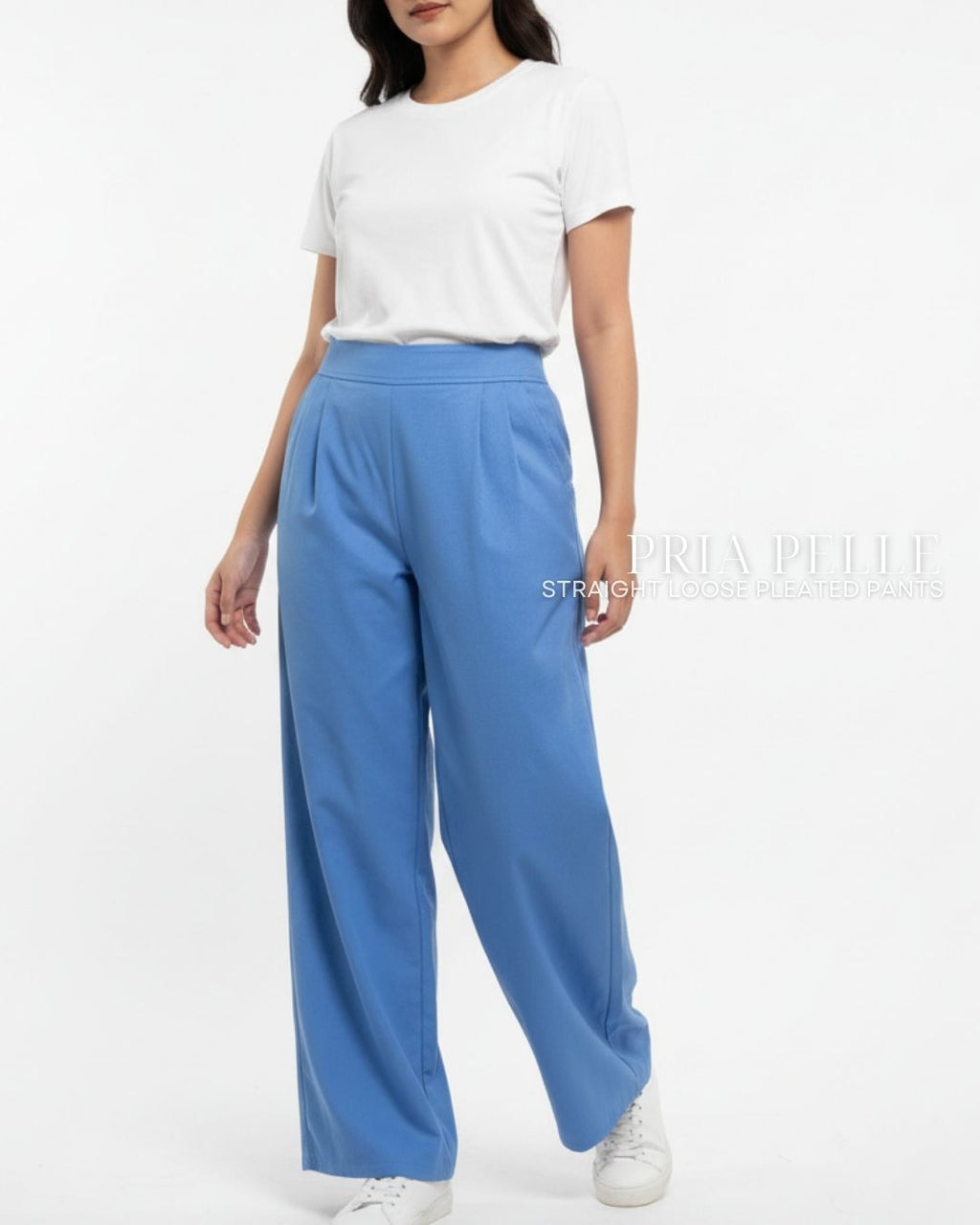 Pria Pelle Straight Loose Pleated Pants |  Back Garter - Cotton Twill Dodger Blue - Non Stretch