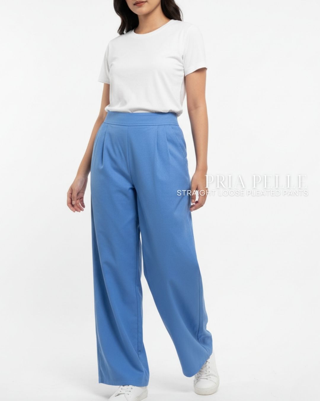 Pria Pelle Straight Loose Pleated Pants |  Back Garter - Cotton Twill Dodger Blue - Non Stretch