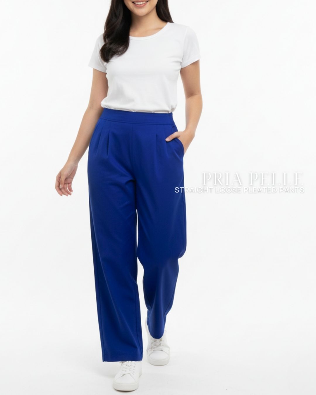 Pria Pelle Straight Loose Pleated Pants | Back Garter - Cotton Blend Royal Blue - Non Stretch
