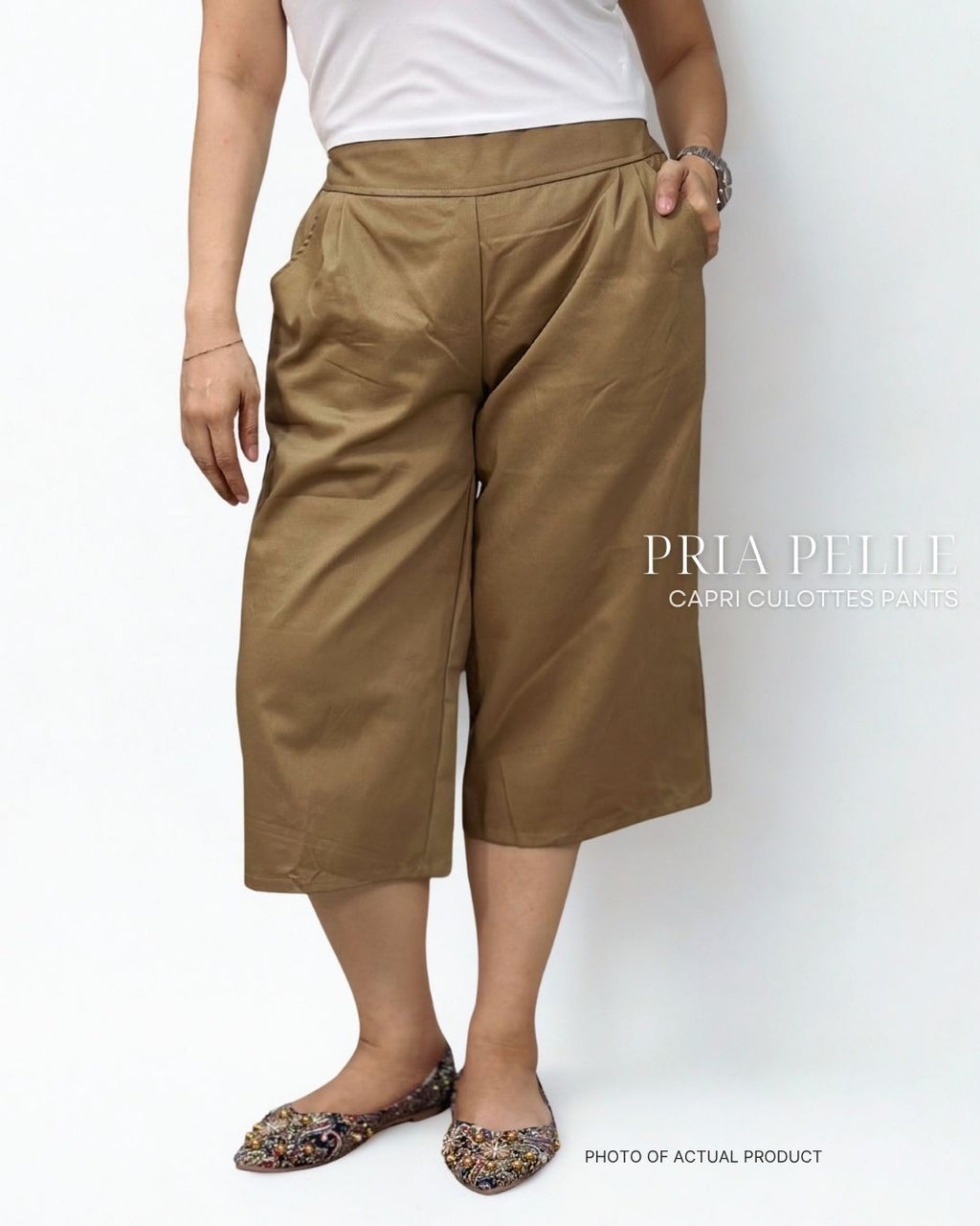 Pria Pelle Capri Culottes Pants | Back garter - Cotton Twill Khaki Brown
