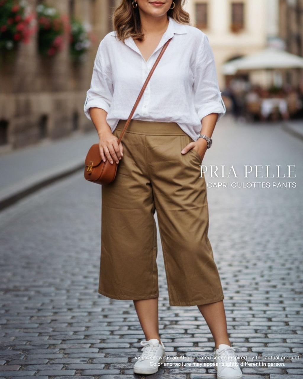Pria Pelle Capri Culottes Pants | Back garter - Cotton Twill Khaki Brown