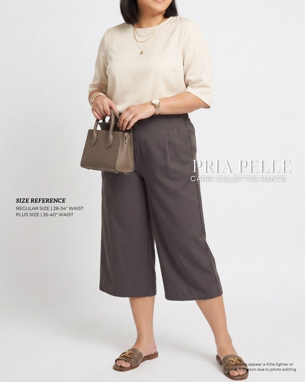 Pria Pelle Capri Culottes Pants | Back garter - Cotton Twill Taupe Gray | Non Stretch