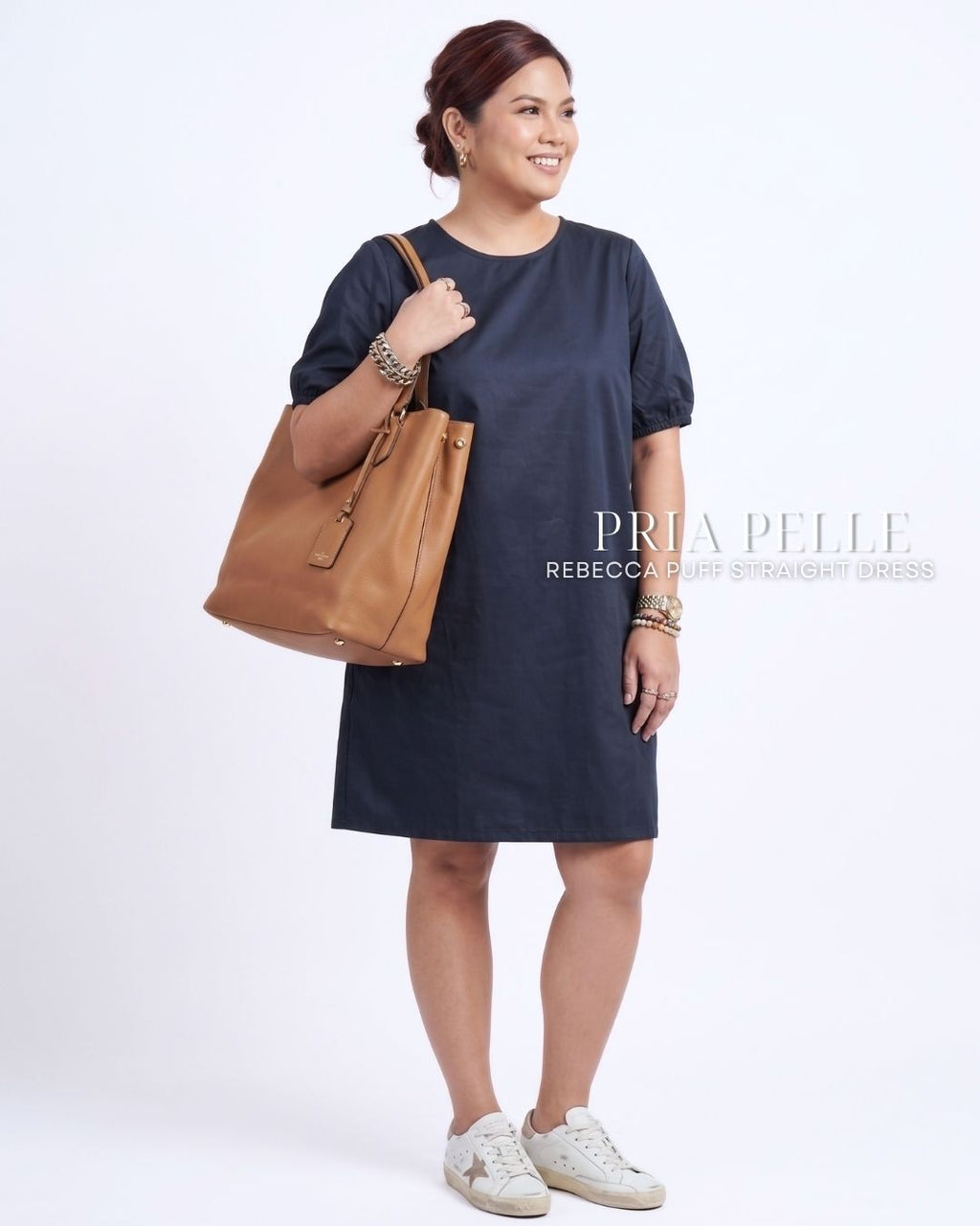 Pria Pelle Rebecca Puff Straight Dress | Cotton Blend Blue Black - Non Stretch