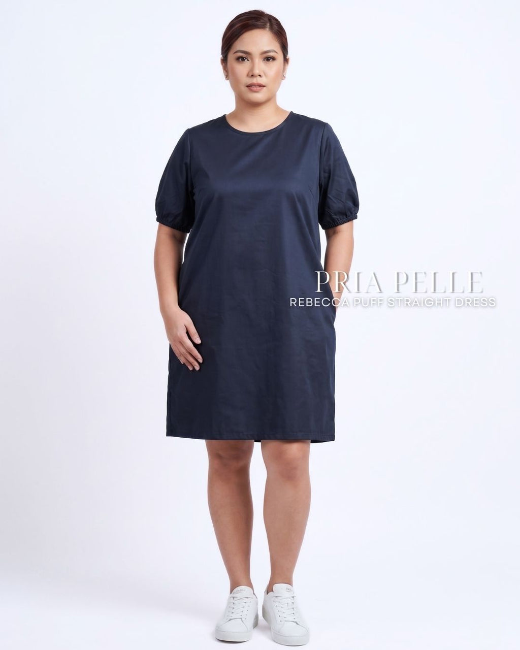 Pria Pelle Rebecca Puff Straight Dress | Cotton Blend Blue Black - Non Stretch
