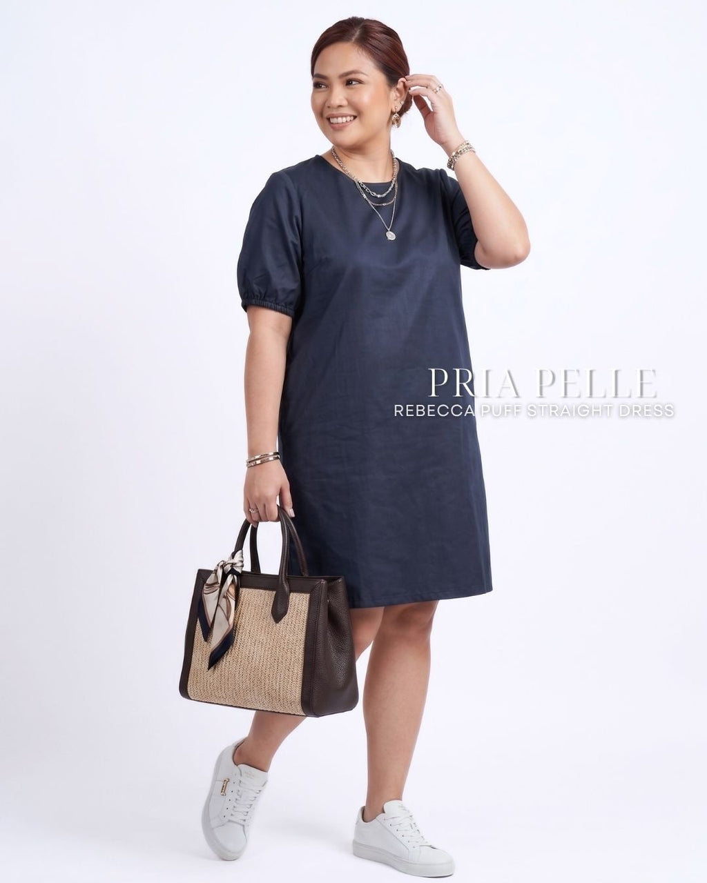 Pria Pelle Rebecca Puff Straight Dress | Cotton Blend Blue Black - Non Stretch