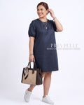 Pria Pelle Rebecca Puff Straight Dress | Cotton Blend Blue Black - Non Stretch