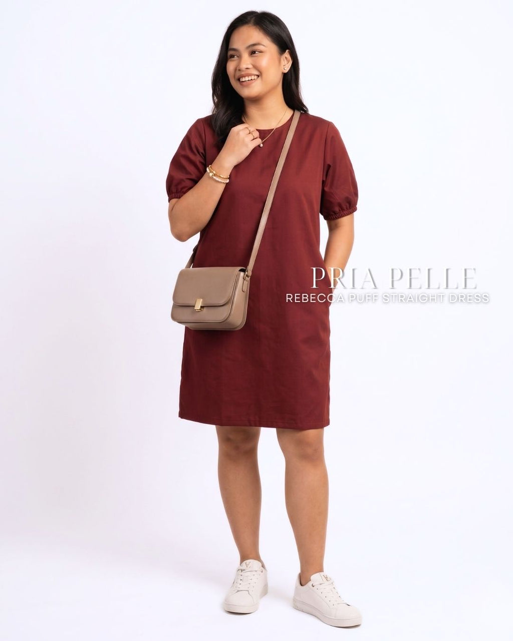 Pria Pelle Rebecca Puff Straight Dress | Cotton Blend Dark Maroon - Non Stretch