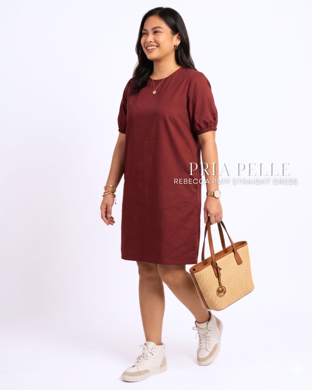 Pria Pelle Rebecca Puff Straight Dress | Cotton Blend Dark Maroon - Non Stretch