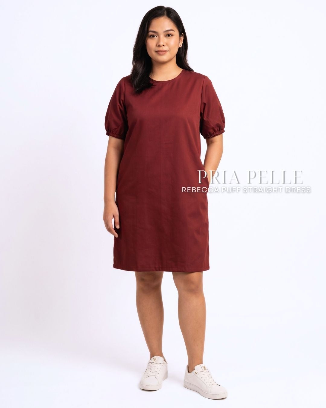 Pria Pelle Rebecca Puff Straight Dress | Cotton Blend Dark Maroon - Non Stretch