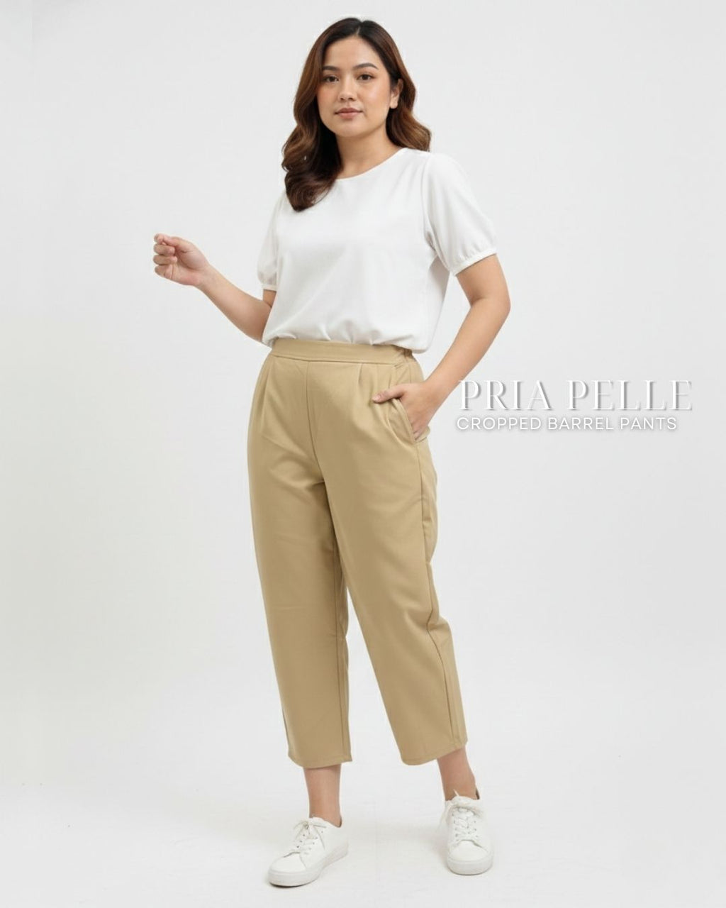 Pria Pelle Cropped Barrel Pants | Back Garter - Cotton Twill Sand Khaki | Non Stretch