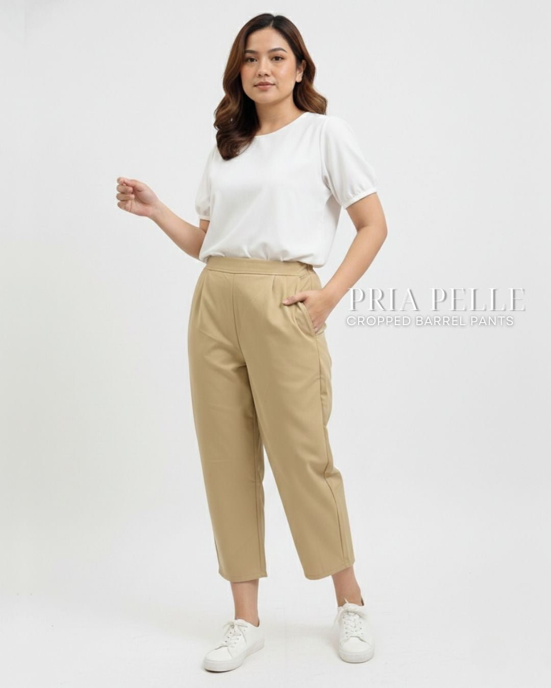 Pria Pelle Cropped Barrel Pants | Back Garter - Cotton Twill Sand Khaki | Non Stretch