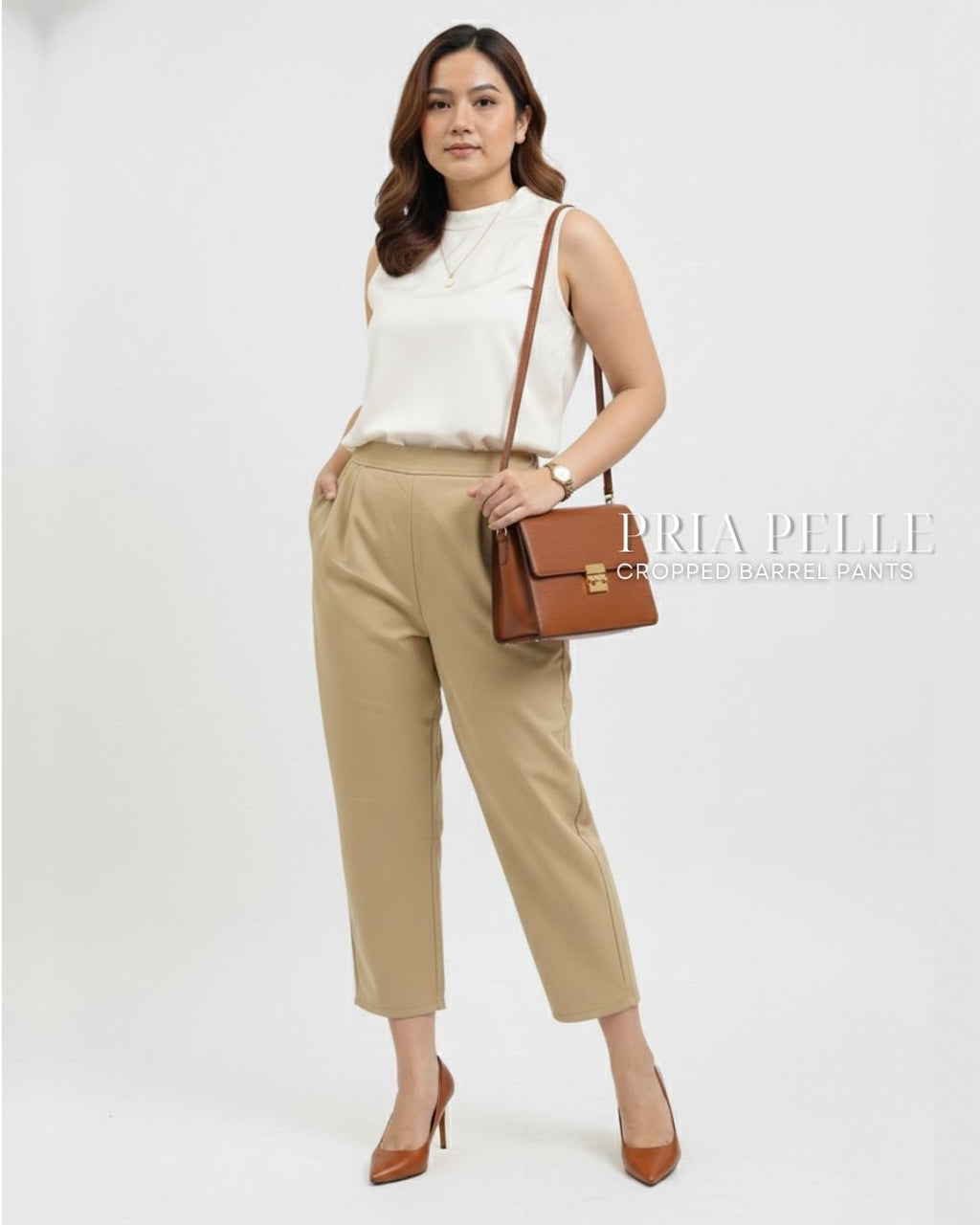 Pria Pelle Cropped Barrel Pants | Back Garter - Cotton Twill Sand Khaki | Non Stretch