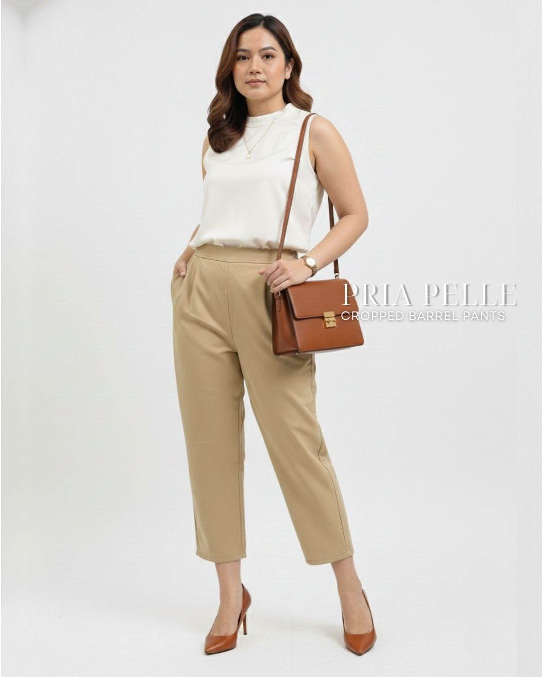 Pria Pelle Cropped Barrel Pants | Back Garter - Cotton Twill Sand Khaki | Non Stretch
