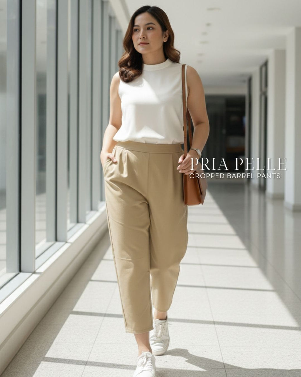 Pria Pelle Cropped Barrel Pants | Back Garter - Cotton Twill Sand Khaki | Non Stretch