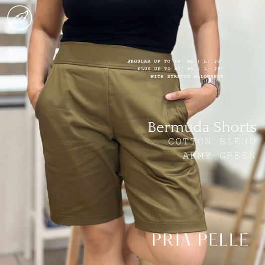 Pria Pelle Bermuda Shorts - Cotton Blend Army Green - Regular | Regular & Plus Sizes | Non-Stretch