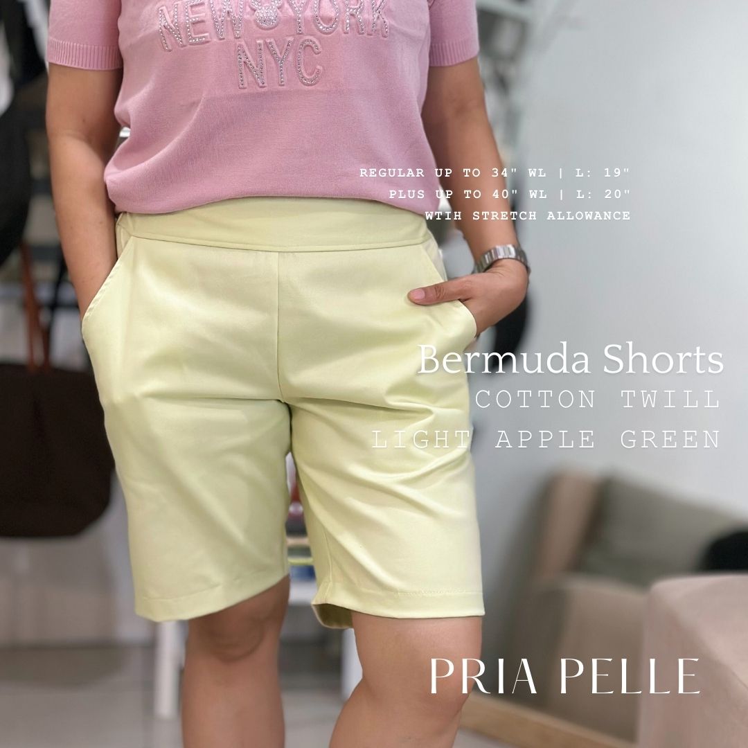 Pria Pelle Bermuda Shorts - Cotton Twill Light Apple Green | Regular & Plus Sizes | Non-Stretch