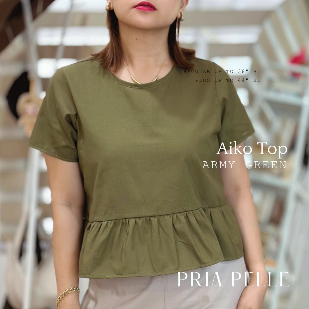 Pria Pelle Women's Aiko top - Cotton Blend Army Green - Non Stretch - Regular and Plus Size
