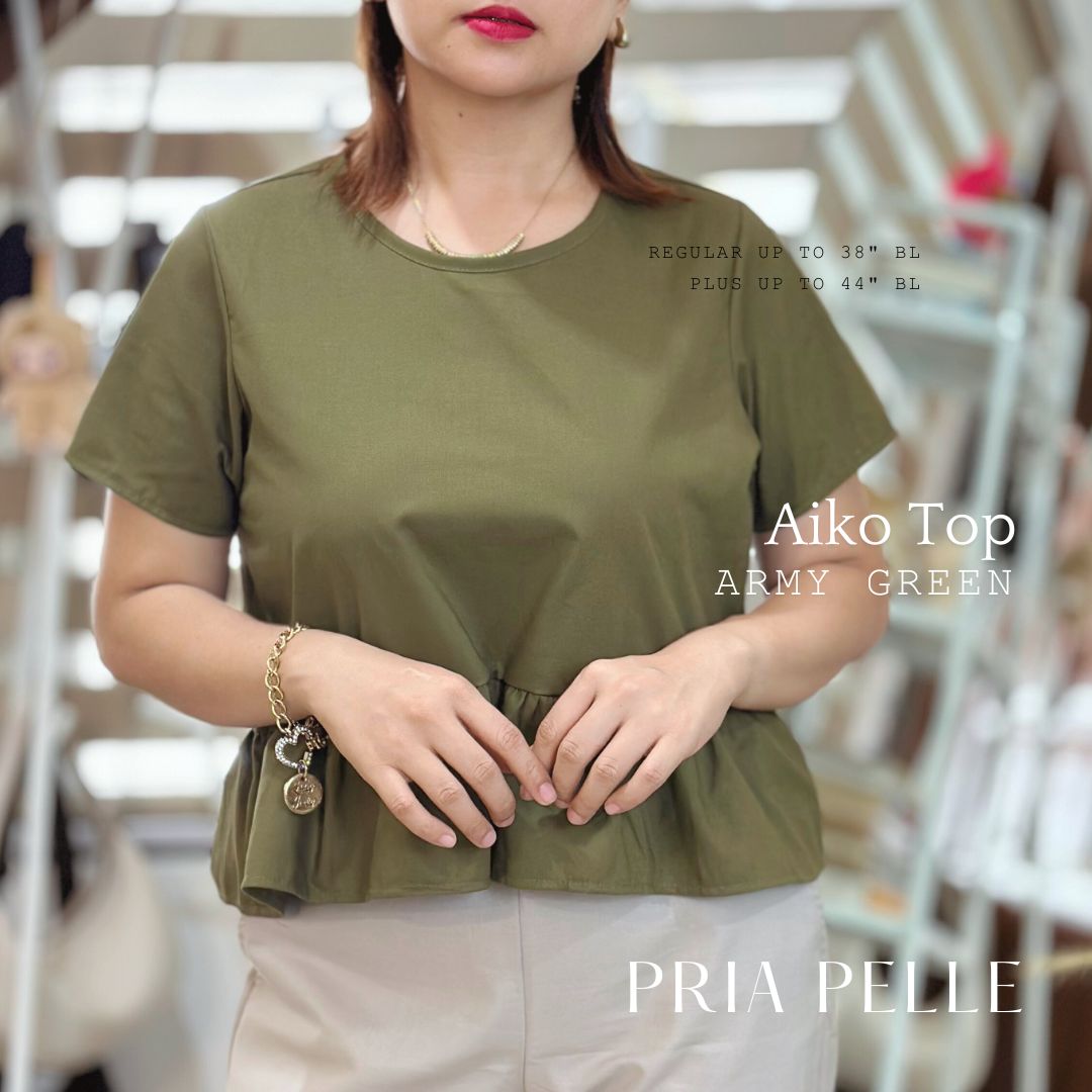 Pria Pelle Women's Aiko top - Cotton Blend Army Green - Non Stretch - Regular and Plus Size