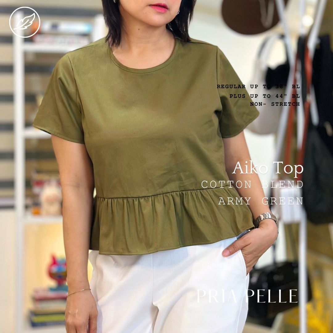 Pria Pelle Women's Aiko top - Cotton Blend Army Green - Non Stretch - Regular and Plus Size