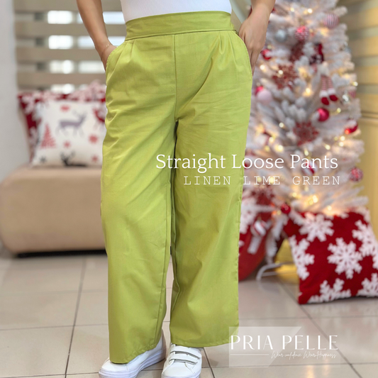 Pria Pelle Women's Straight Pleated Loose Pants | Linen Lime Green | Non-Stretch